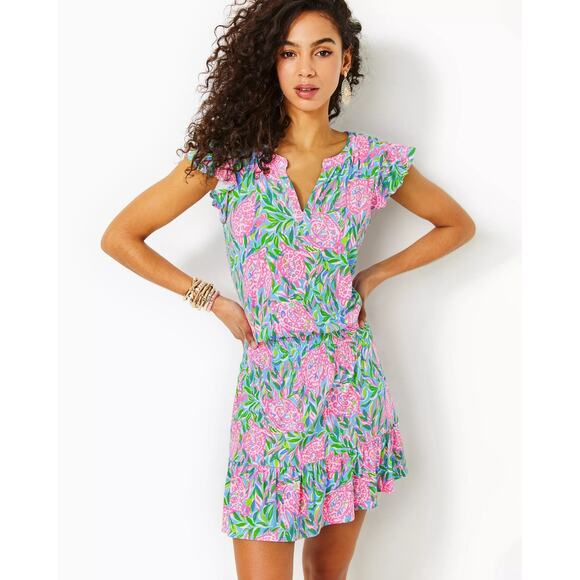 Lilly Pulitzer French Blue Turtely Ravi Short Sleeve Romper Large - Picture 1 of 9